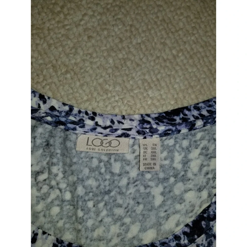 Womens Top-LOGO LORI GOLDSTEIN-purple/white/navy knit asymmetric BOHO 3/4 slv-2X